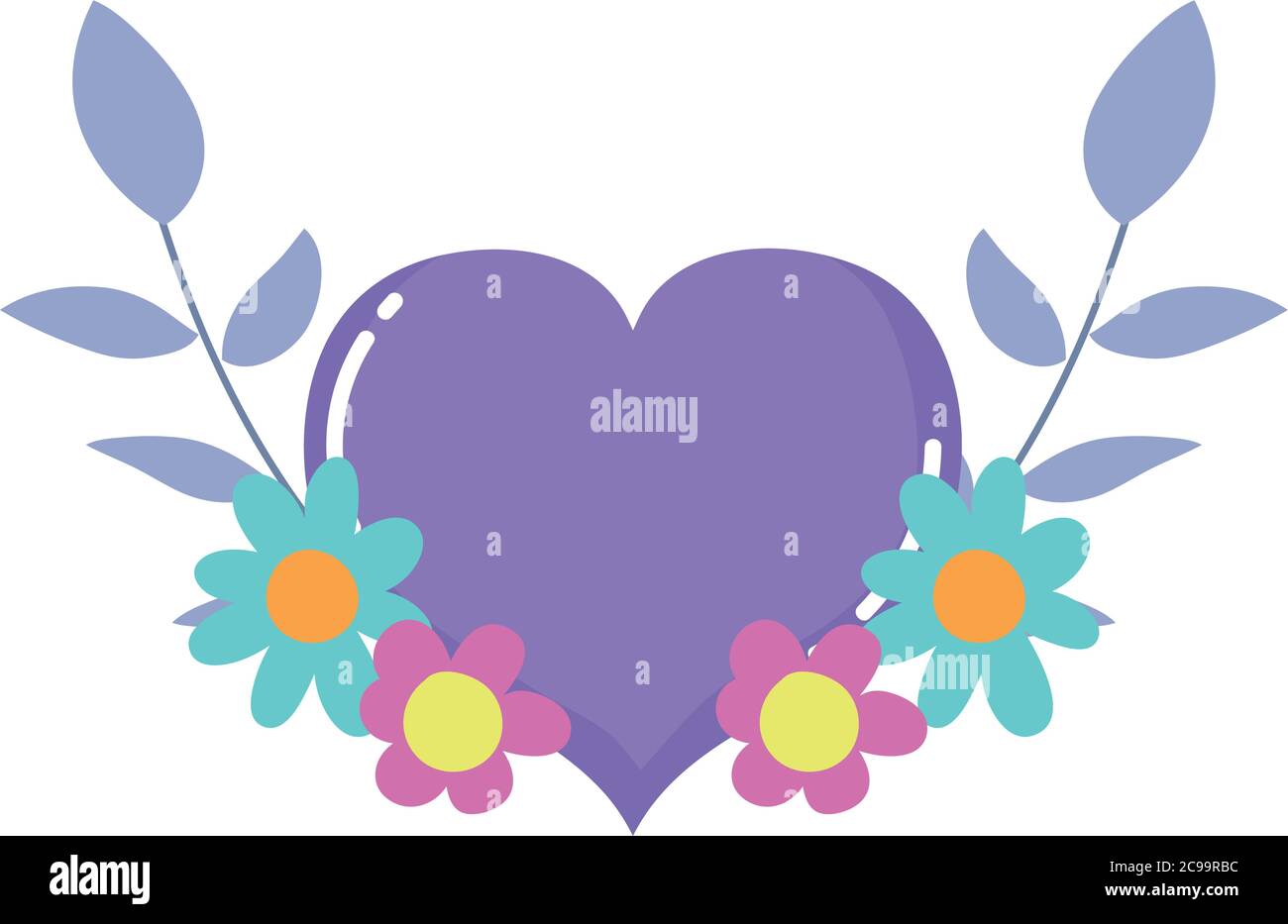 Cœur Violet Amour Fleurs Feuillage Isolé Icône Design Blanc Fond Vecteur Illustration Image 