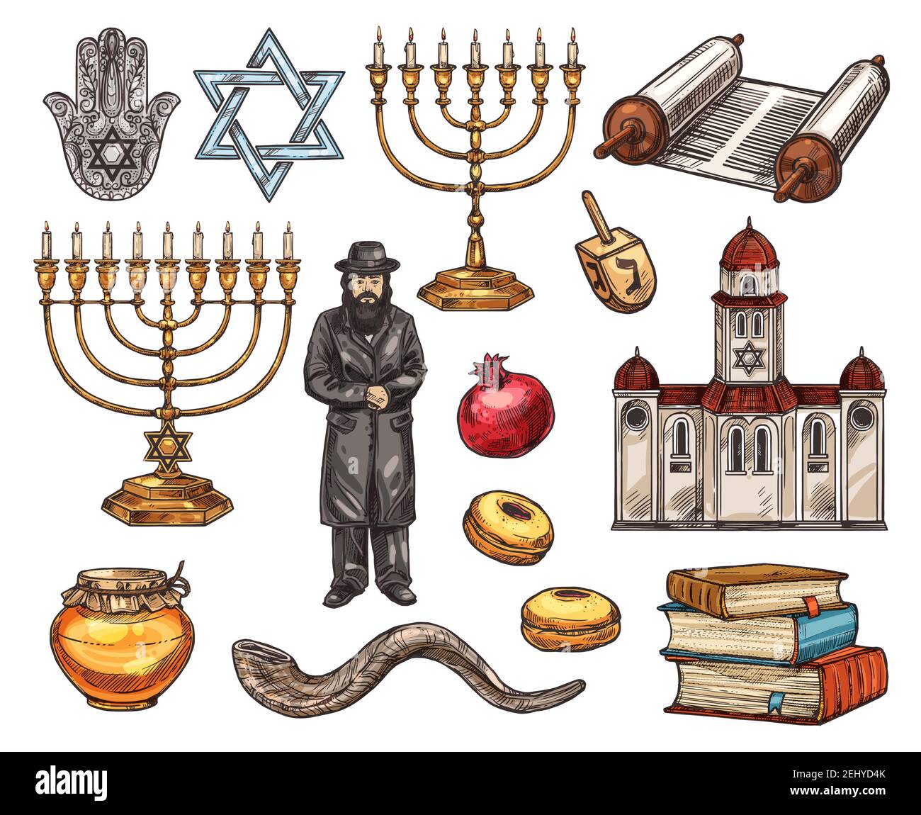Symboles de religion judaïsme, icônes de croquis religieux juif