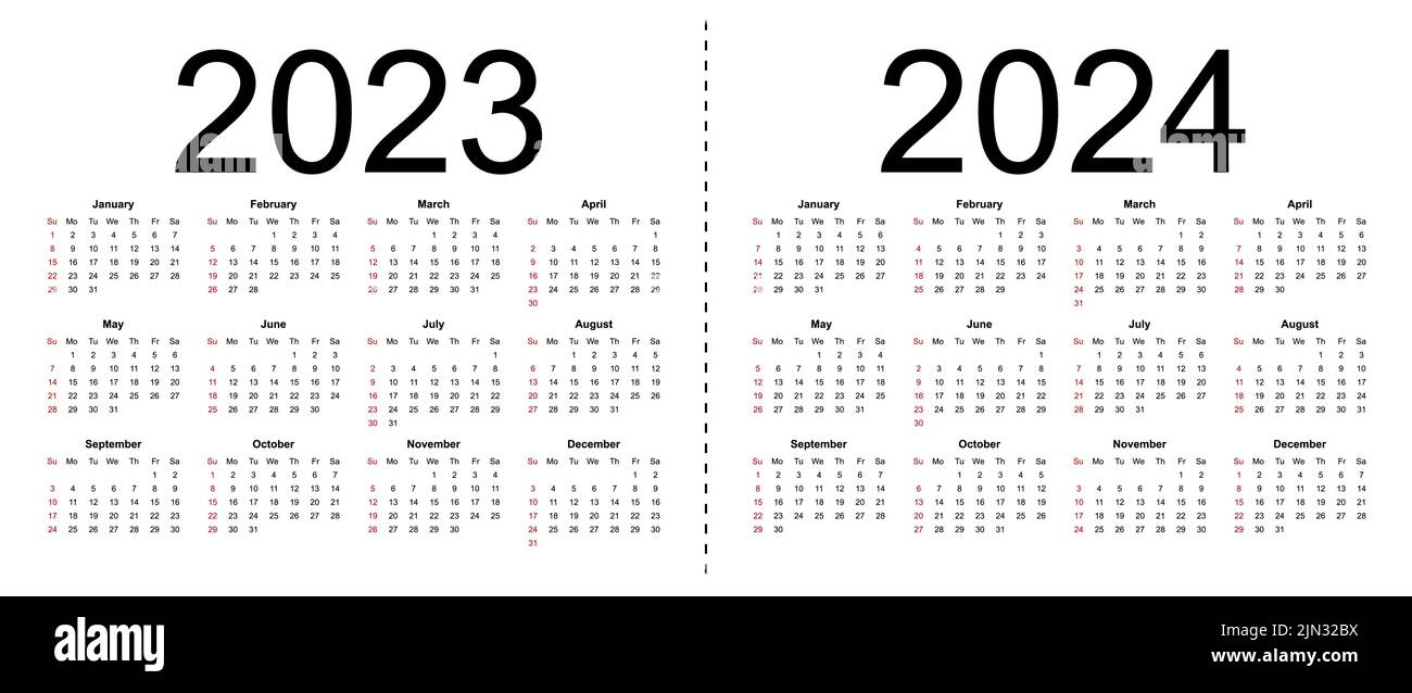 Calendrier 2023, 2024. La semaine commence le dimanche, modèle d