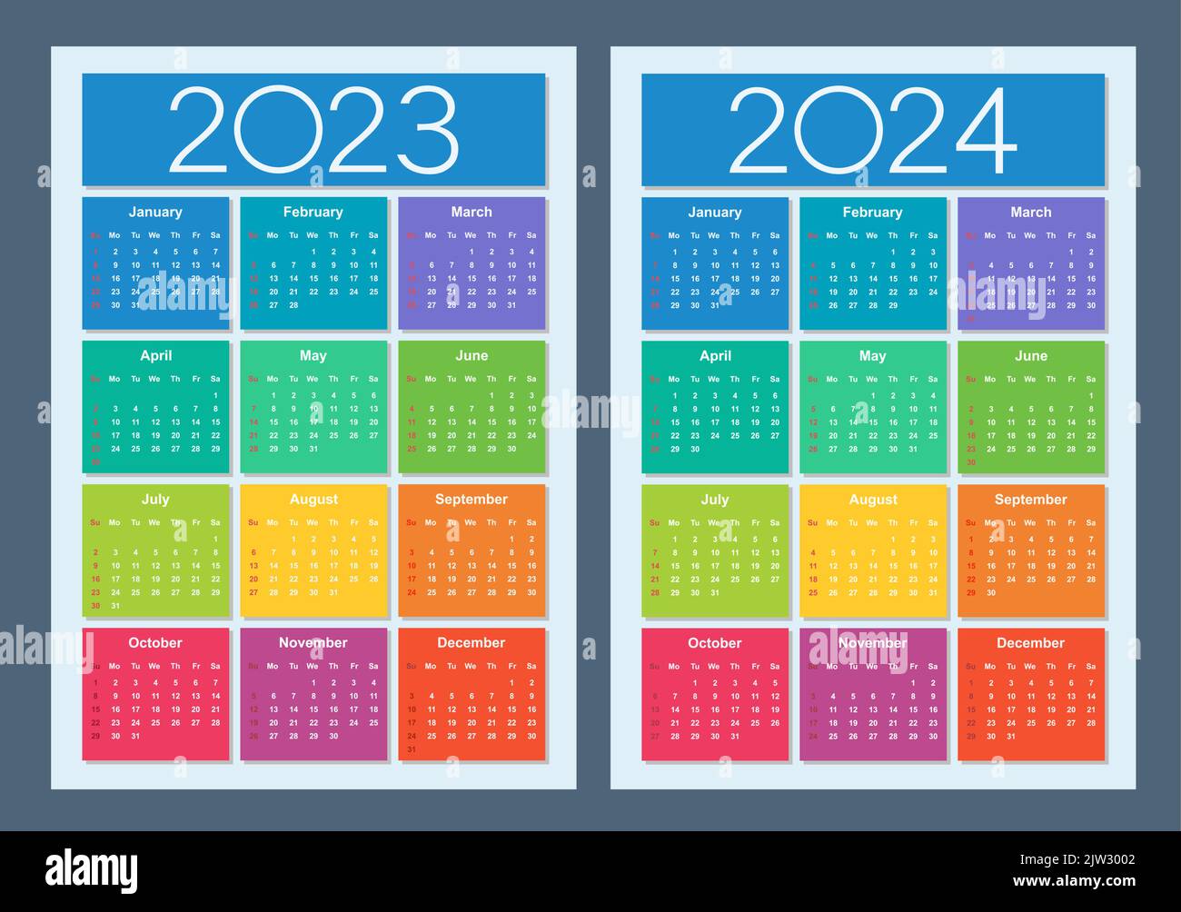Calendrier coloré pour 2023, 2024 ans. La semaine commence le dimanche