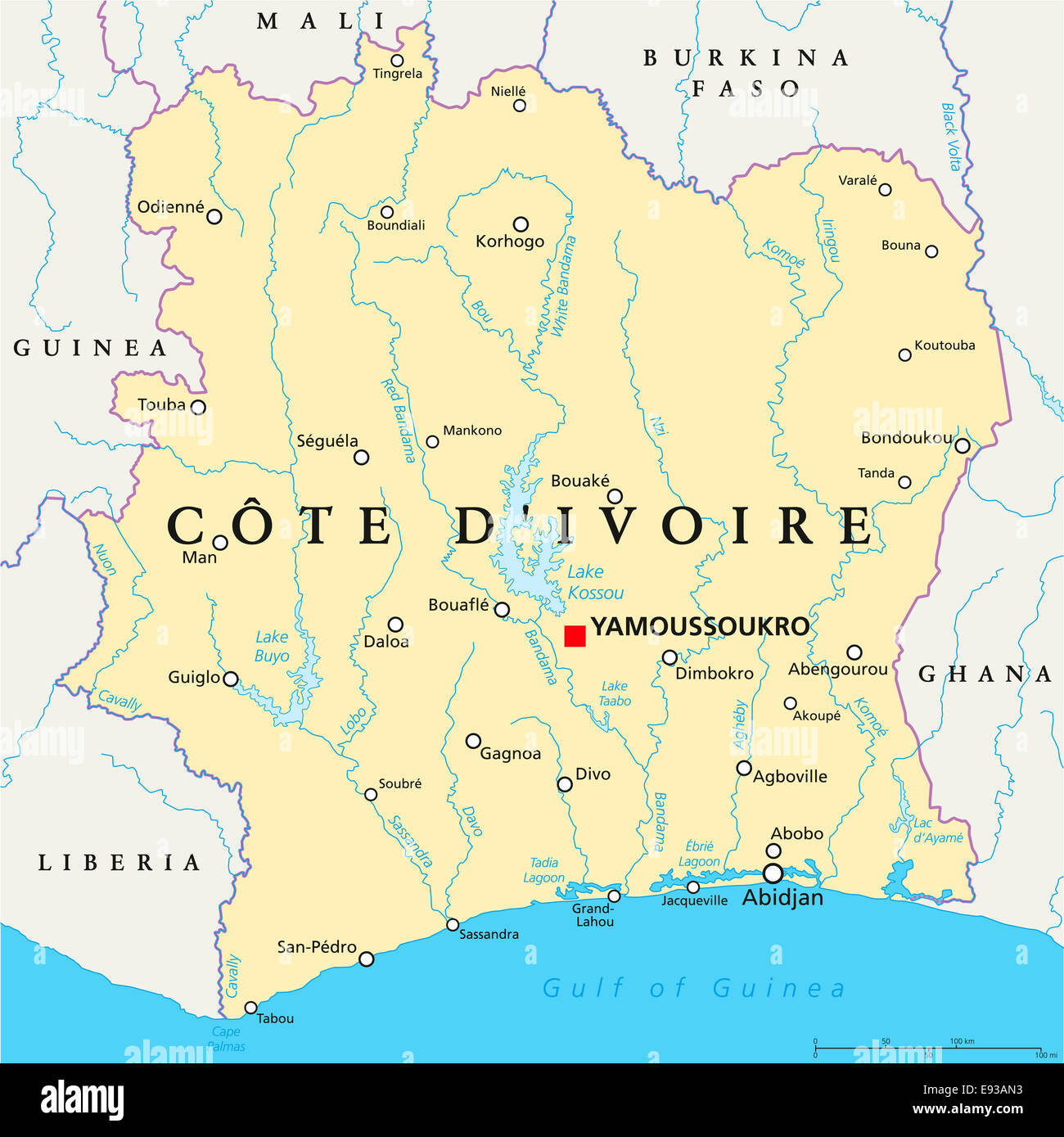 Carte Politique de la Côte d'Ivoire  Côte d'Ivoire  Yamoussoukro