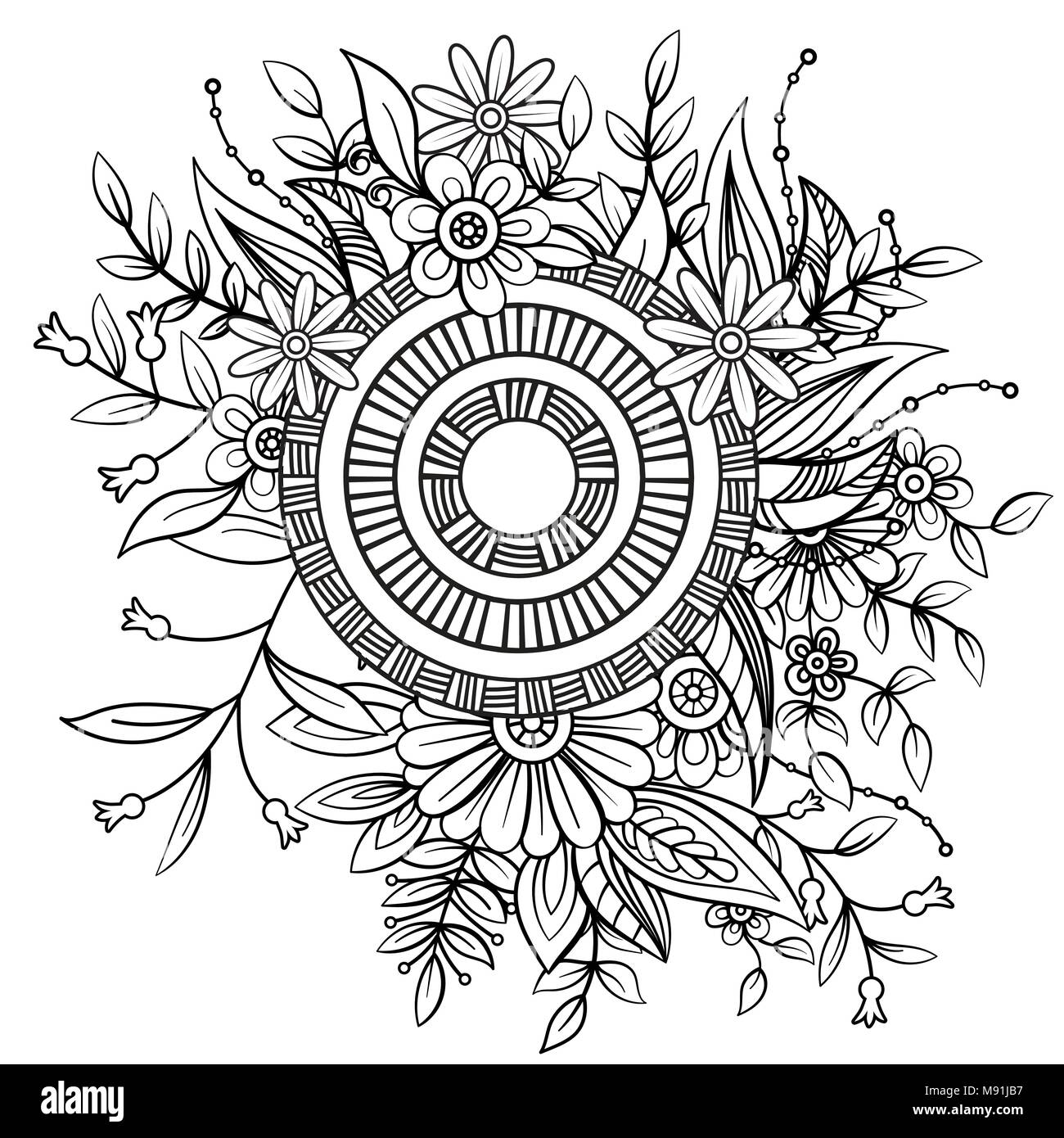 Motif Floral Mandala En Noir Et Blanc Livre De Coloriage Adultes Page Avec Des Fleurs Et Des 7946