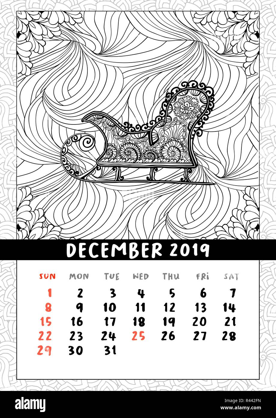 La page de coloriage de traîneau Santas, calendrier décembre 2019. Noël